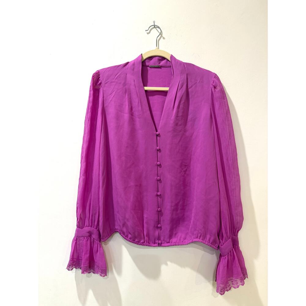 NWT Elie Tahari sz S $398 100% silk Blouse Pink Magenta Button V neck Ruffle